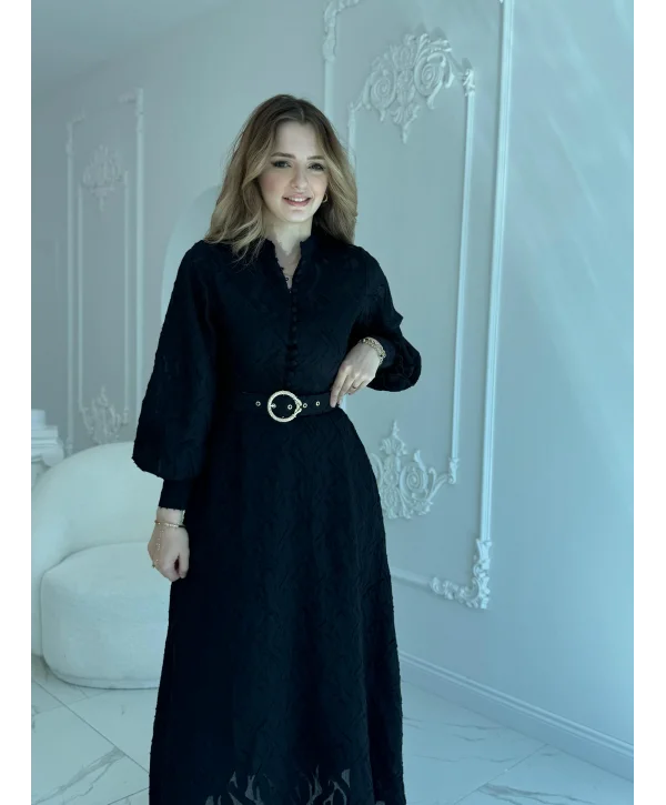 Jakarlı Kemer Detaylı Tam Boy Siyah Elbise