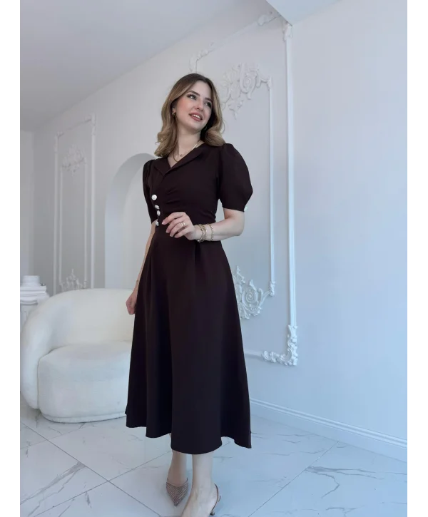 CEKET YAKA BALON KOL DÜĞME DETAY KAHVE ELBİSE