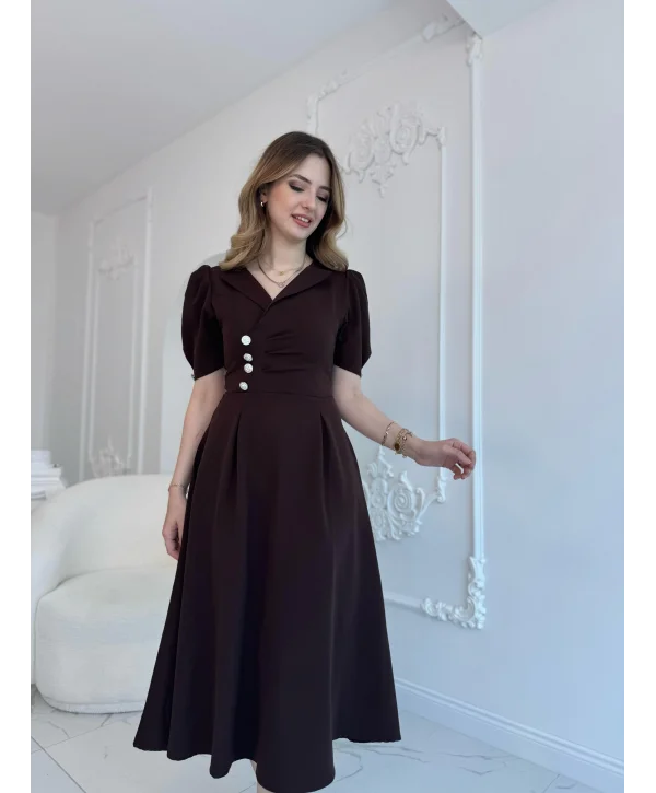 CEKET YAKA BALON KOL DÜĞME DETAY KAHVE ELBİSE