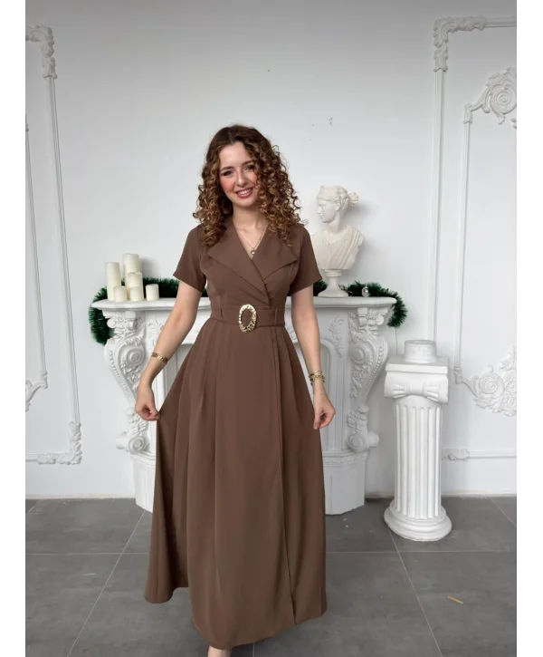 Kahve Kruvaze Yaka Kemerli Maxi Boy Davet Elbisesi