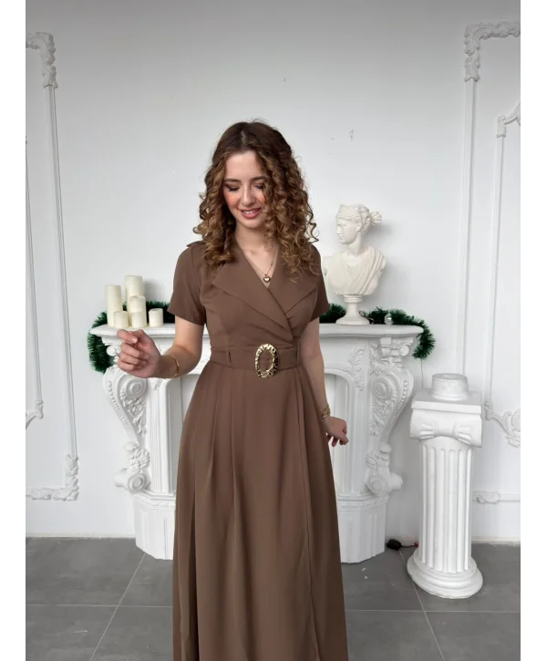Kahve Kruvaze Yaka Kemerli Maxi Boy Davet Elbisesi