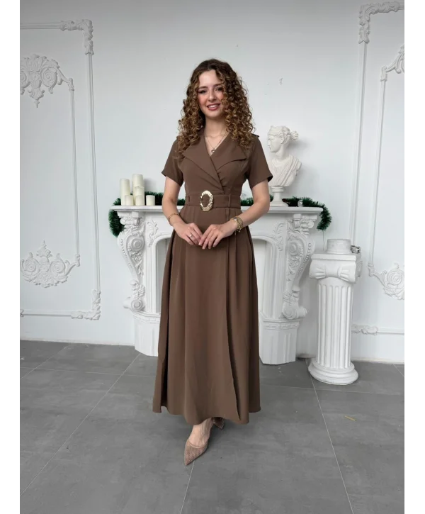 Kahve Kruvaze Yaka Kemerli Maxi Boy Davet Elbisesi