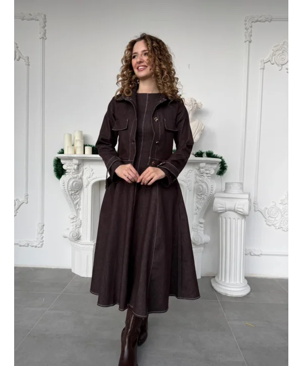 Kahverengi Denim Görünümlü Ceket ve Kloş Elbise Takım