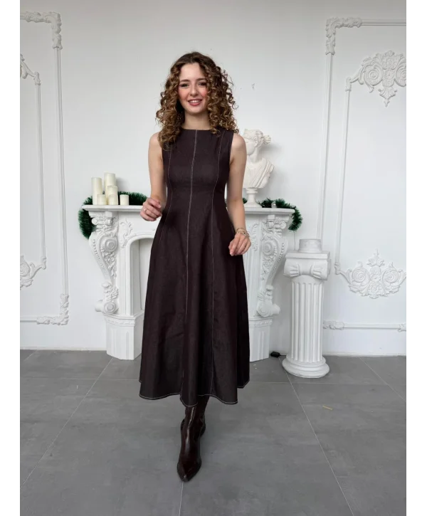 Kahverengi Denim Görünümlü Ceket ve Kloş Elbise Takım