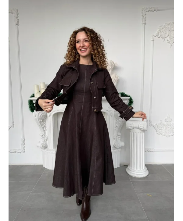 Kahverengi Denim Görünümlü Ceket ve Kloş Elbise Takım