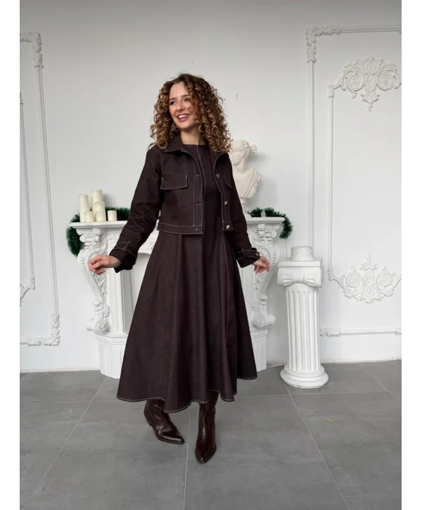 Kahverengi Denim Görünümlü Ceket ve Kloş Elbise Takım