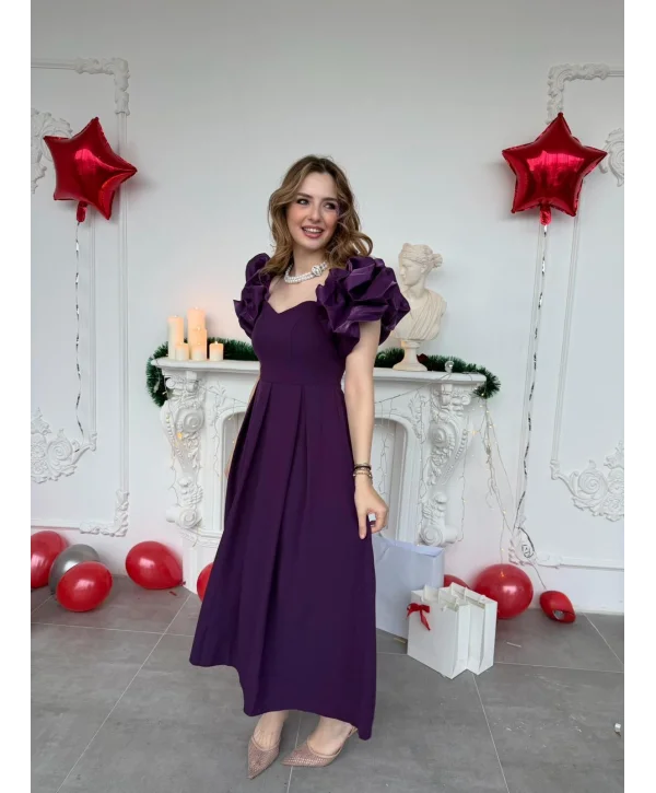Kalp Yaka Pileli Etek Mor Prenses Kesim Abiye Elbise