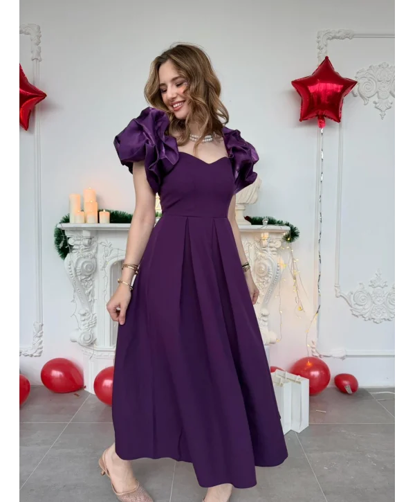 Kalp Yaka Pileli Etek Mor Prenses Kesim Abiye Elbise