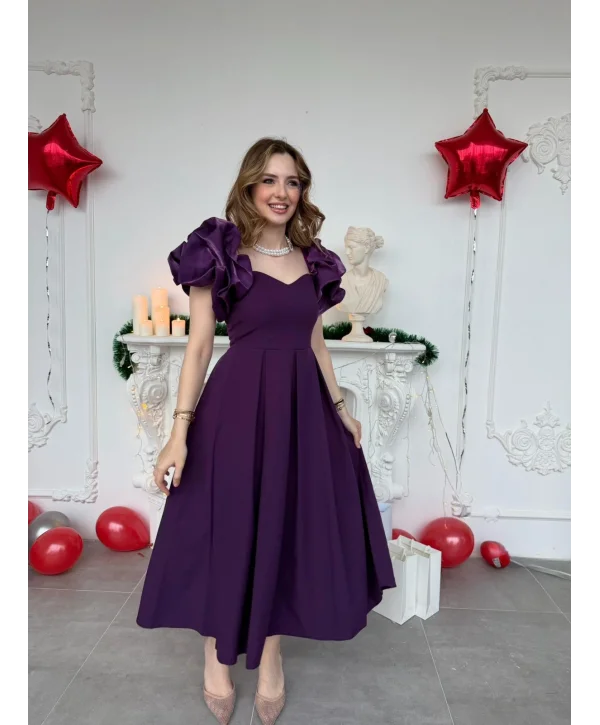 Kalp Yaka Pileli Etek Mor Prenses Kesim Abiye Elbise