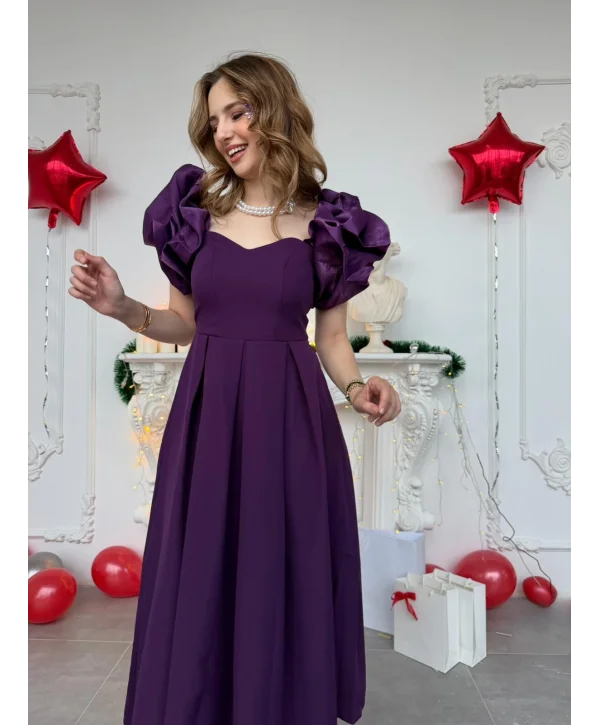 Kalp Yaka Pileli Etek Mor Prenses Kesim Abiye Elbise