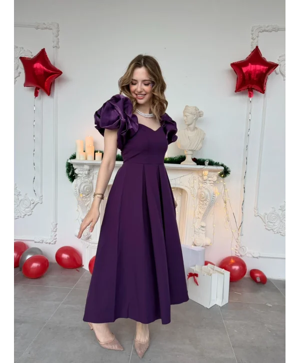 Kalp Yaka Pileli Etek Mor Prenses Kesim Abiye Elbise