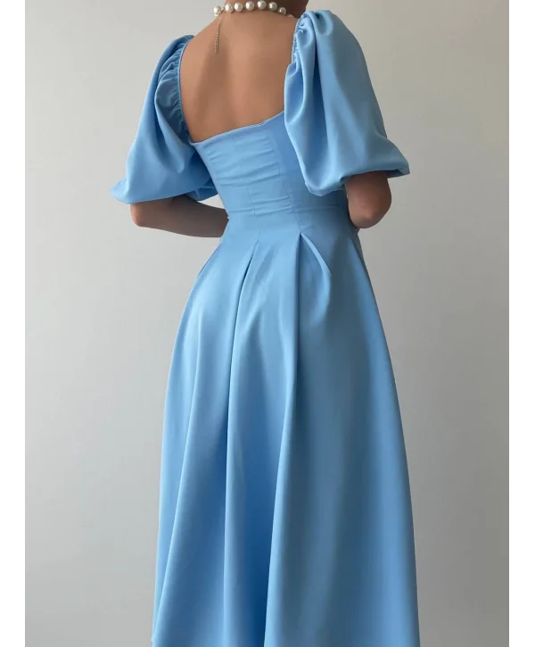 Kare Yaka Balon Kol Çan Etekli Pembe Elbise