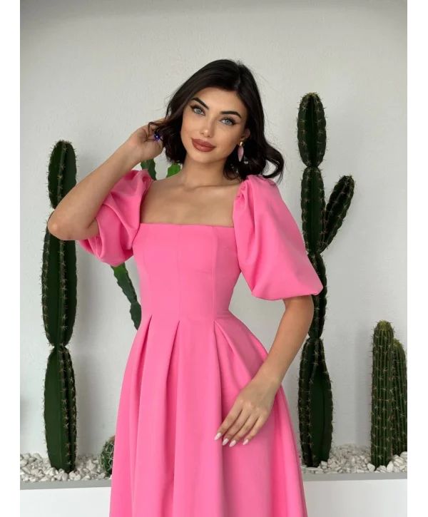 Kare Yaka Balon Kol Çan Etekli Pembe Elbise