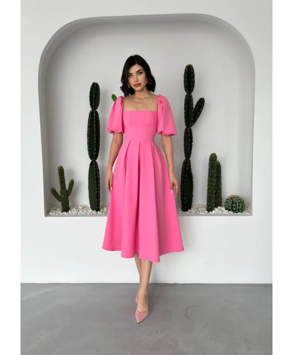 Kare Yaka Balon Kol Çan Etekli Pembe Elbise