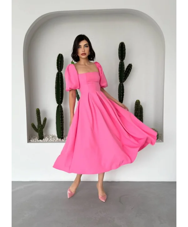 Kare Yaka Balon Kol Çan Etekli Pembe Elbise