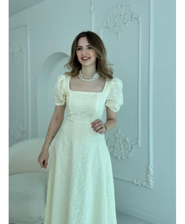 Kare Yaka Balon Kollu Fisto Krem Elbise