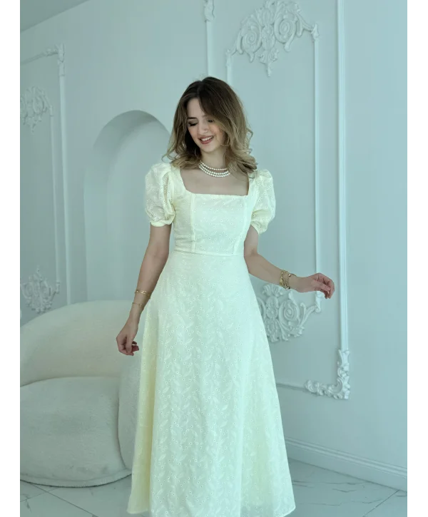 Kare Yaka Balon Kollu Fisto Krem Elbise