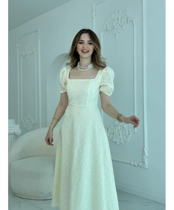 Kare Yaka Balon Kollu Fisto Krem Elbise