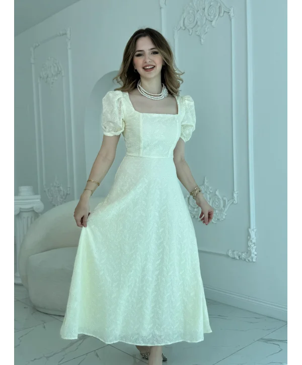 Kare Yaka Balon Kollu Fisto Krem Elbise