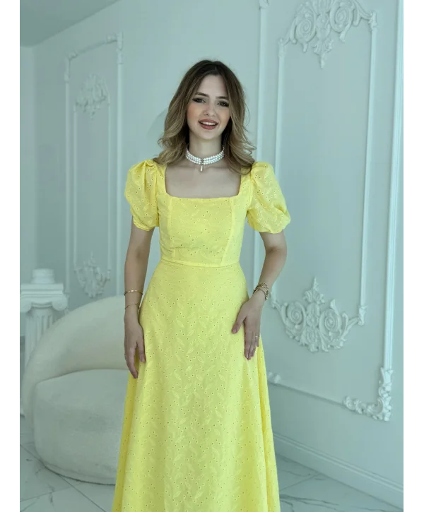 Kare Yaka Balon Kollu Fisto Sarı Elbise