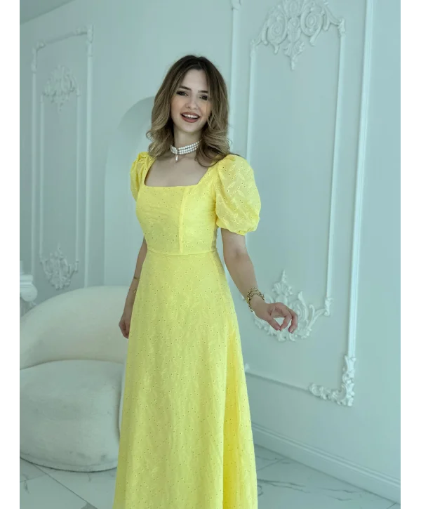 Kare Yaka Balon Kollu Fisto Sarı Elbise