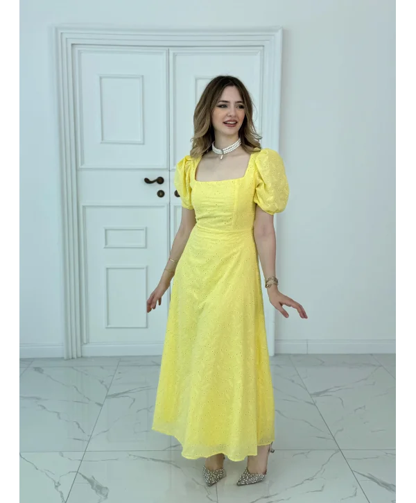 Kare Yaka Balon Kollu Fisto Sarı Elbise