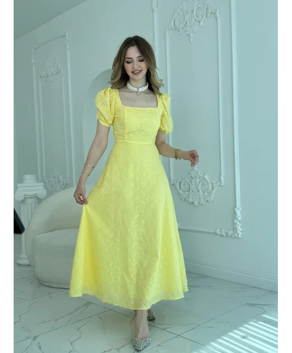 Kare Yaka Balon Kollu Fisto Sarı Elbise