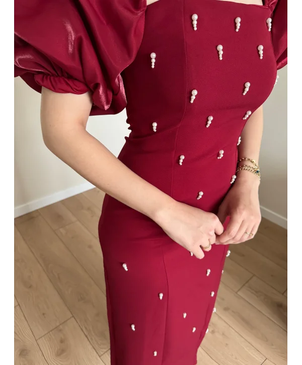 Kare Yaka Maxi Boy Taş Detaylı PERA Bordo Elbise