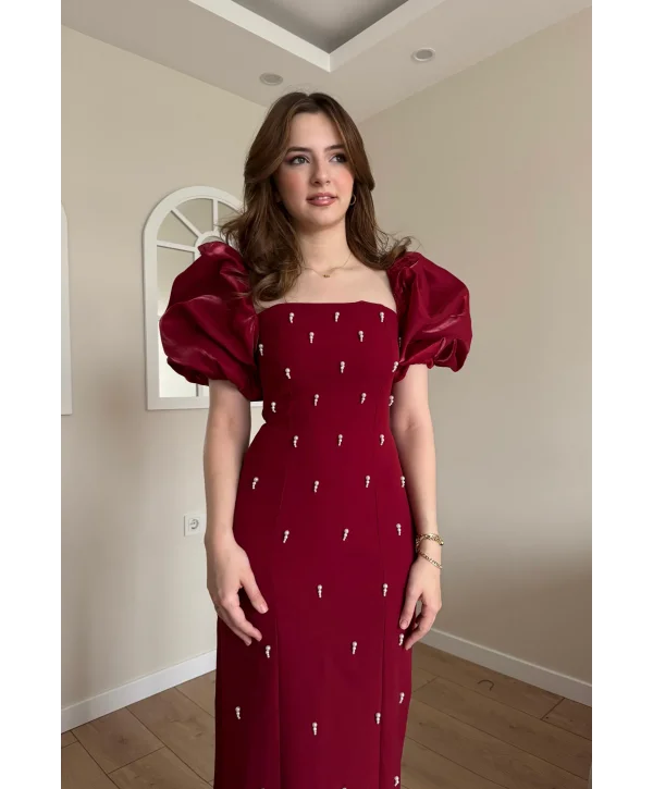 Kare Yaka Maxi Boy Taş Detaylı PERA Bordo Elbise