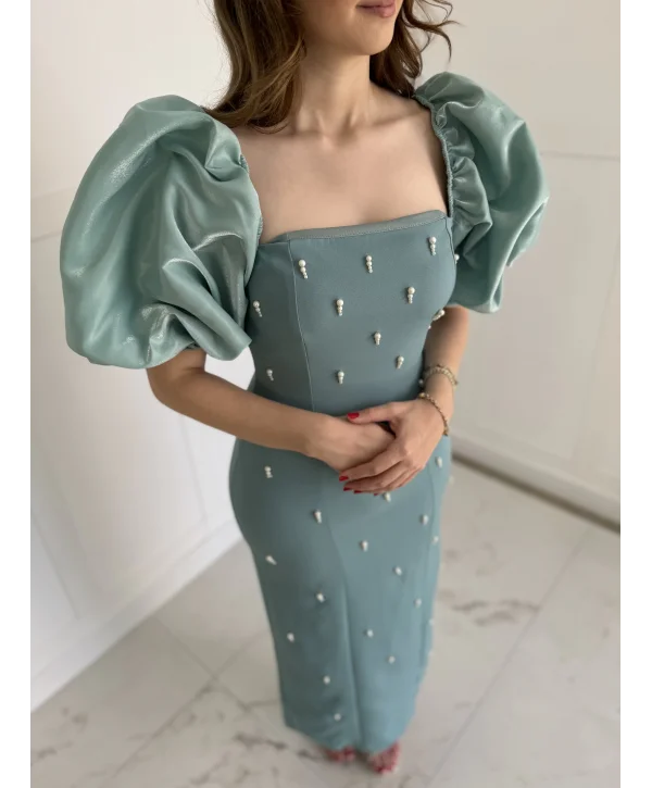 Kare Yaka Maxi Boy Taş Detaylı PERA Yeşil Elbise