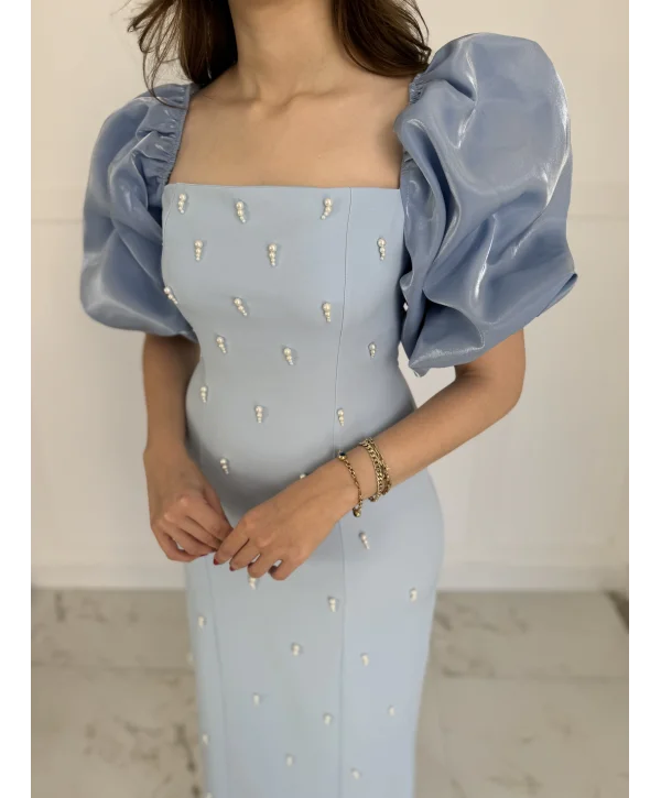 Kare Yaka Maxi Boy Taş Detaylı PERA Mavi Elbise