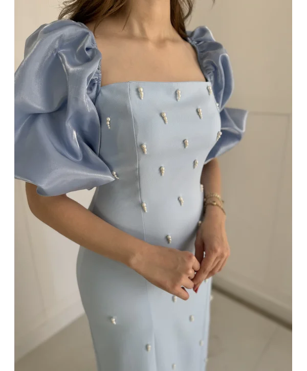 Kare Yaka Maxi Boy Taş Detaylı PERA Mavi Elbise