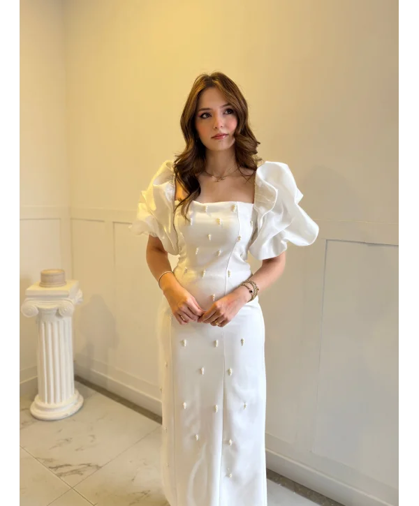 Kare Yaka Maxi Boy Taş Detaylı PERA Beyaz Elbise