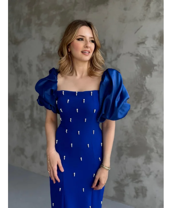 Kare Yaka Maxi Boy Taş Detaylı PERA Saks Mavi Elbise