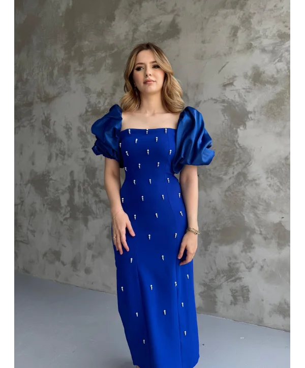 Kare Yaka Maxi Boy Taş Detaylı PERA Saks Mavi Elbise