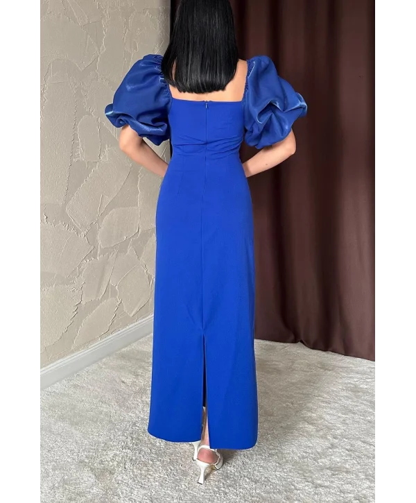 Kare Yaka Maxi Boy Taş Detaylı PERA Saks Mavi Elbise