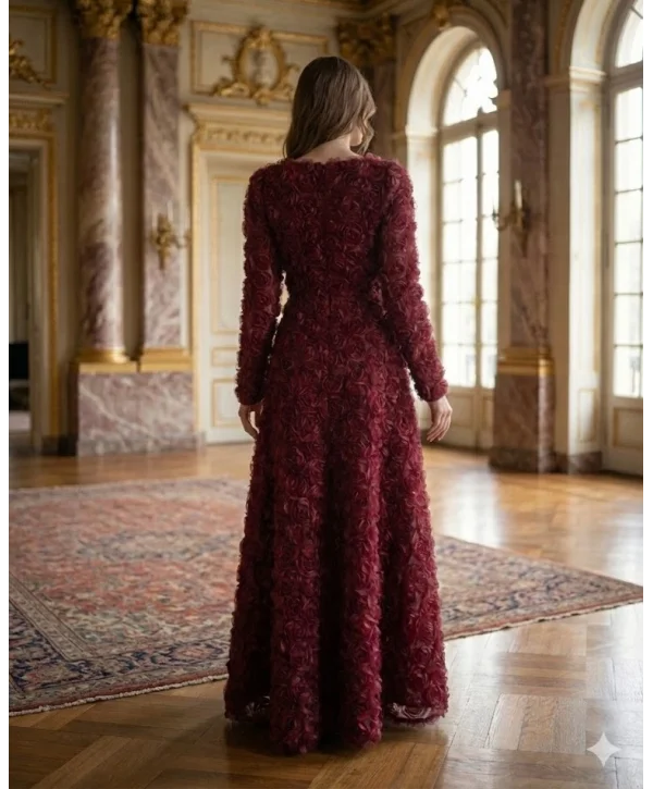 Kare Yaka Tam Boy Gül Dokulu Özel Tasarım Bordo Elbise