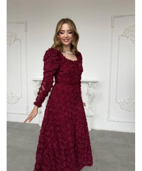Kare Yaka Tam Boy Gül Dokulu Özel Tasarım Bordo Elbise