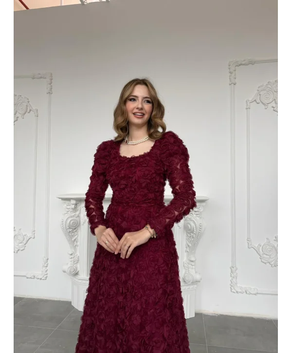 Kare Yaka Tam Boy Gül Dokulu Özel Tasarım Bordo Elbise