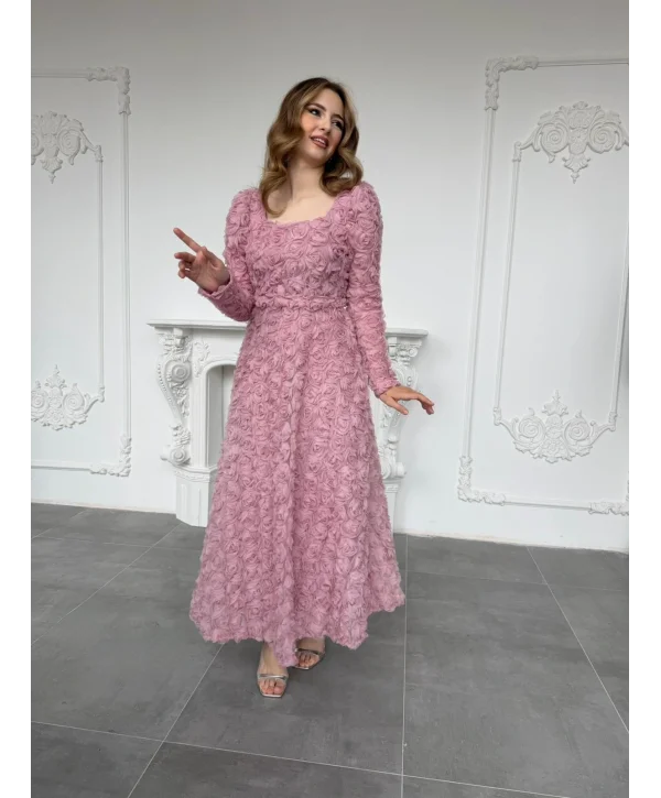 Kare Yaka Tam Boy Gül Dokulu Özel TasarımPembe Elbise