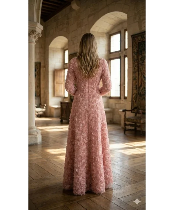 Kare Yaka Tam Boy Gül Dokulu Özel TasarımPembe Elbise