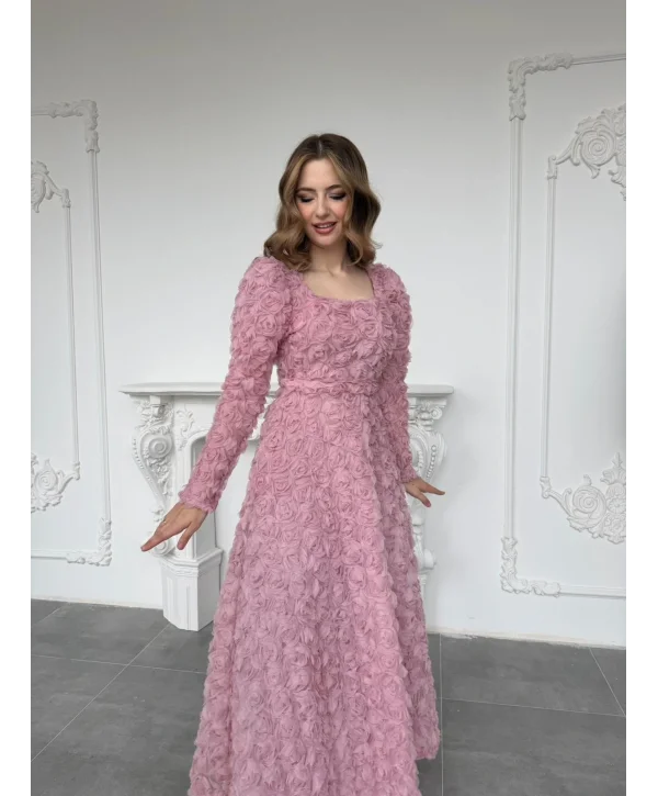 Kare Yaka Tam Boy Gül Dokulu Özel TasarımPembe Elbise