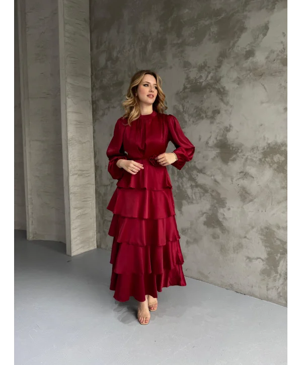 Kat Kat Bordo Gül Kemer Detaylı Saten Elbise