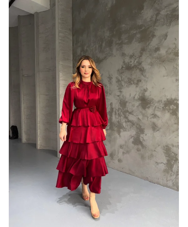 Kat Kat Bordo Gül Kemer Detaylı Saten Elbise