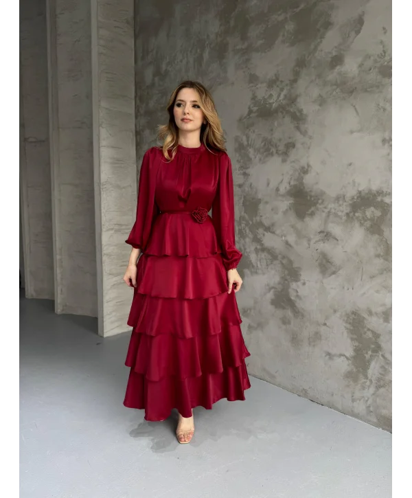 Kat Kat Bordo Gül Kemer Detaylı Saten Elbise