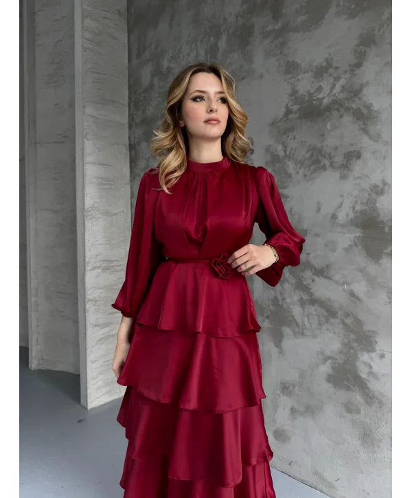 Kat Kat Bordo Gül Kemer Detaylı Saten Elbise