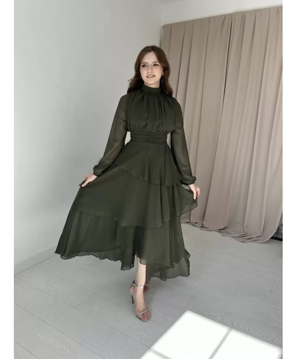 Kat Kat Şifon Haki Elbise