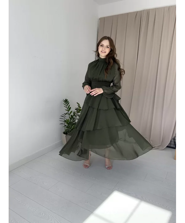 Kat Kat Şifon Haki Elbise