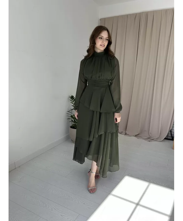 Kat Kat Şifon Haki Elbise