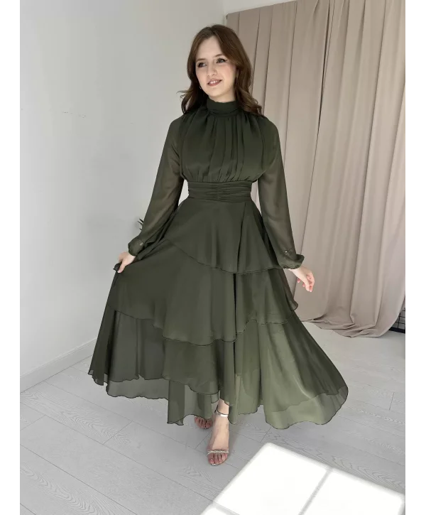 Kat Kat Şifon Haki Elbise